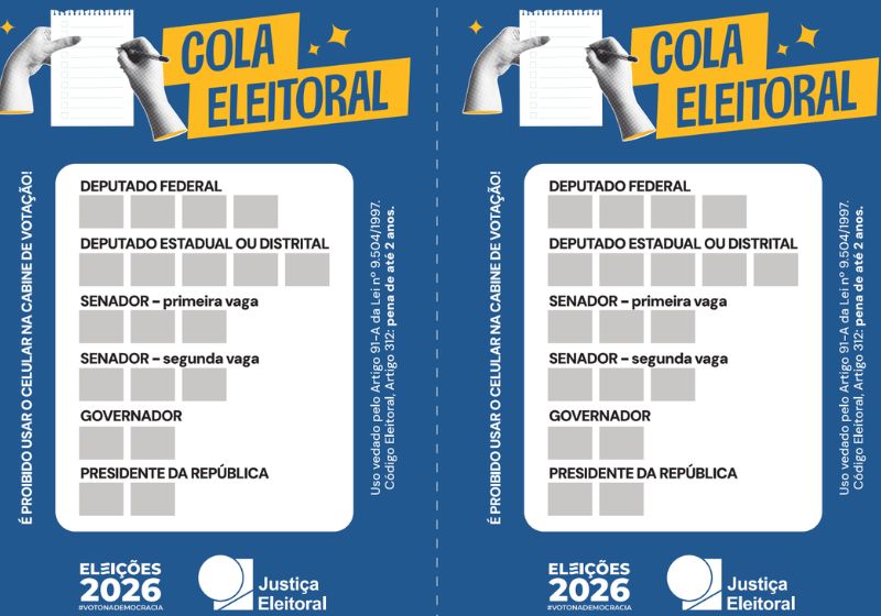 O TSE disponibilizou a colinha oficial para o eleitor anotar os números dos candidatos; são seis votos e celular não pode entrar na cabine. - Foto: reprodução/ TSE