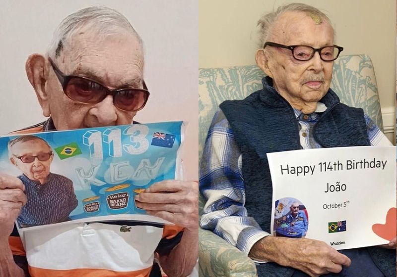 João Marinho Neto, do Ceará, o brasileiro mais velho do mundo, e Ken Weeks, da Austrália, nasceram no mesmo dia, com um ano de diferença, e trocaram mensagens de aniversário neste domingo, 5. - Fotos: reprodução/ Guinness World Records