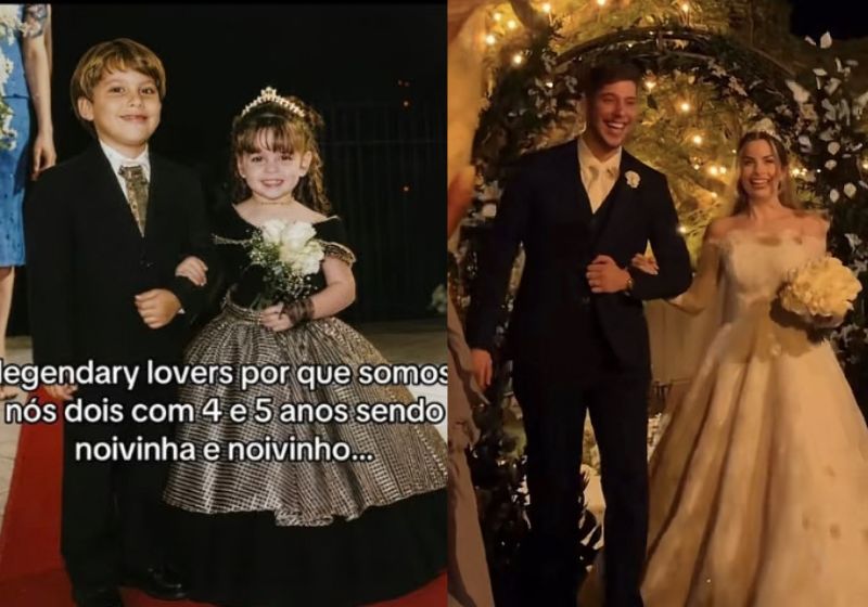 Emilly Faria e Daniel Zagne foram daminha e pajem quando crianças e, duas décadas depois, se casaram em Minas Gerais. - Foto: Reprodução/TikTok/@emillyfariav