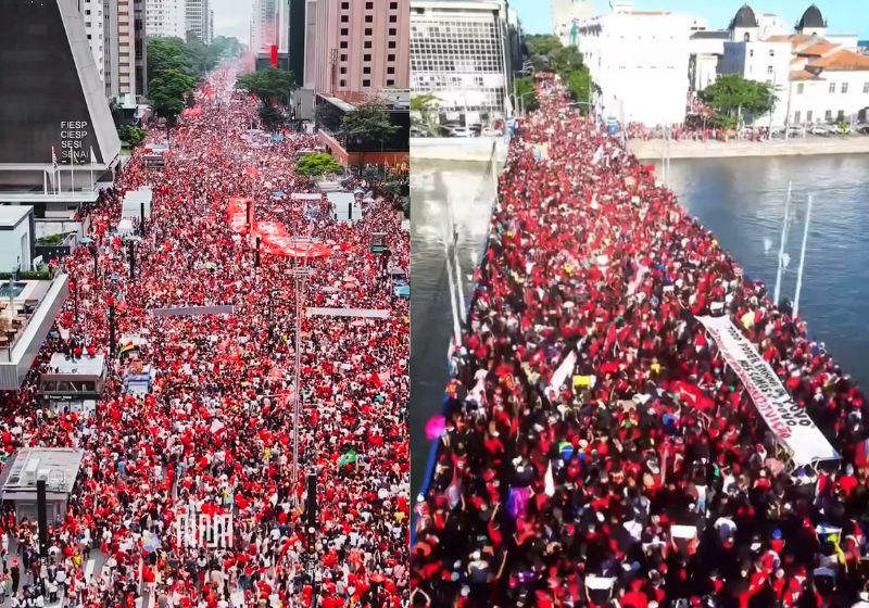 Manifestações em apoio a Lula mobilizaram milhares de brasileiros neste domingo (11). Houve atos em várias cidades e capitais como na Avenida Paulista (esq) e na famosa ponte do Recife (dir) - Fotos: reprodução/ Instagram / @midianinja