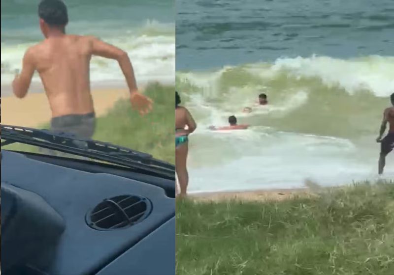 O vendedor de laranjas salva o menino de afogamento na praia de Rio das Ostras. Jefferson Rodrigues, de 31 anos, abandonou o carro para socorrer a criança. - Fotos: reprodução/ RecordTV