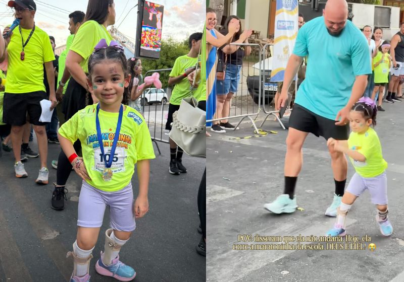 Lorena, uma menina com problema neurológico que afeta a marcha, supera dificuldades motoras e completa a maratoninha da escola ao lado do pai. A família é do Rio Grande do Norte. - Fotos: reprodução/ Instagram/ @denisefenandess