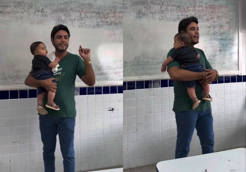 O professor Ramires Vieira, de Brejo do Cruz (PB), segura no colo o pequeno Lucas durante a aula. Ele é filho da aluna Sarah que não tinha com quem deixar o bebê naquele dia. - Fotos: reprodução/ Instagram/ @prof.ramiresvieira