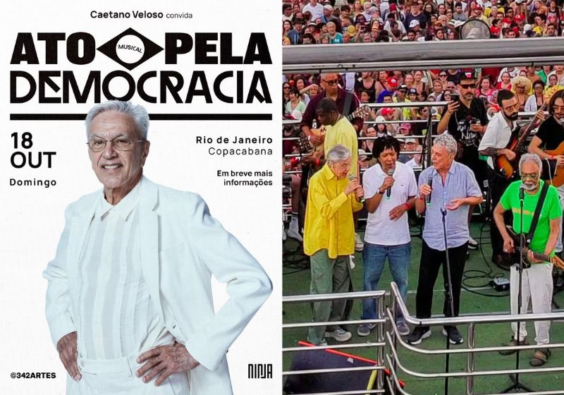 Caetano Veloso convocou para dia 18 em Copacabana, no Rio, o Ato Musical Pela Democracia. Os nomes dos artista que vão participar ainda não foram revelados. - Fotos: reprodução/ Instagram/ @caetanoveloso / AFP