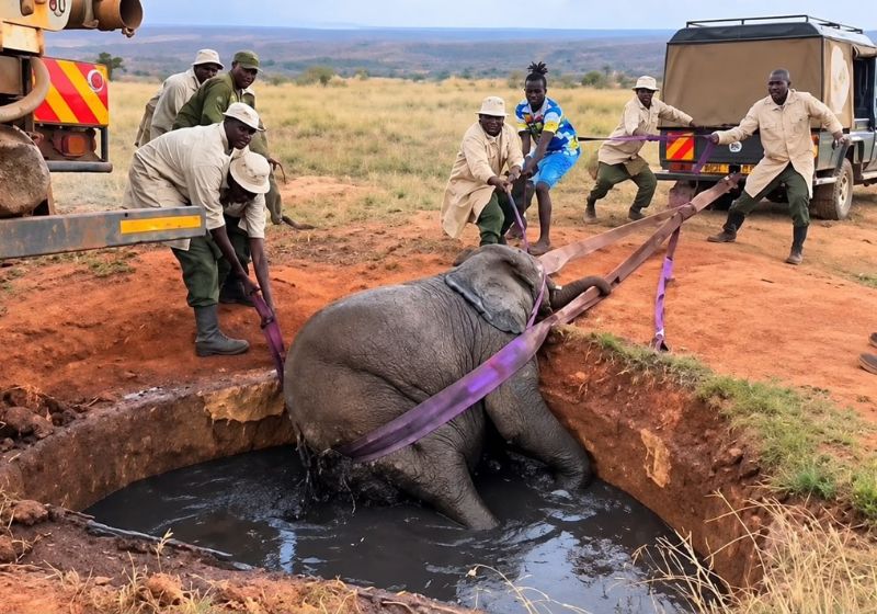 A elefantinha ficou presa em uma fossa no Quênia e precisou de uma operação de resgate. A mãe e outros elefantes permaneceram nas proximidades à espera da pequena.- Foto: reprodução/ Instagram/ @sheldricktrust