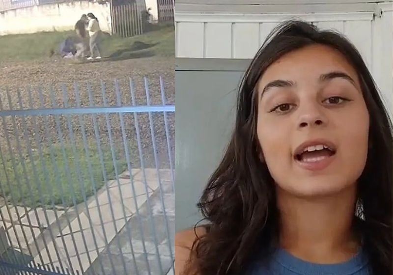 Ana Clara, a lutadora de jiu-jítsu, de 14 anos, consegue imobilizar o ladrão que invadiu a casa da família em Lages (SC). A adolescente treina há apenas sete meses. - Fotos: reprodução/ Câmera de Segurança/ JornalRazão