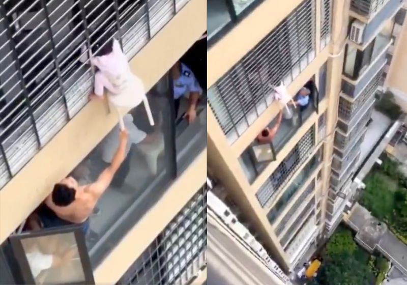 Vizinhos salvam menina de 3 anos que ficou com a cabeça presa na grade de uma janela, no 12º andar de um prédio na China. - Fotos: reprodução/ Xinhua/ X / @ThayzzySmith