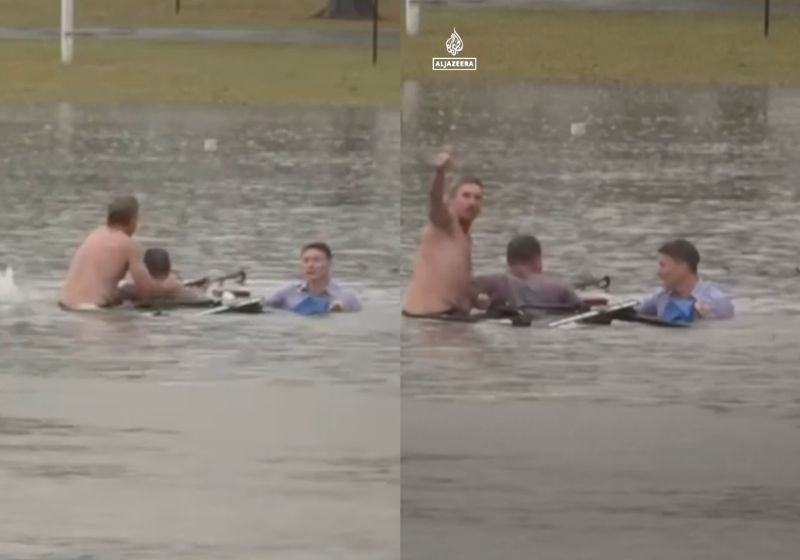 O repórter Will Murray salva um motorista, com ajuda de outro homem, após veículo ser arrastado pela água na enchente em Morayfield, na Austrália. - Fotos: reprodução/ ABCNews/ Al Jazeera 