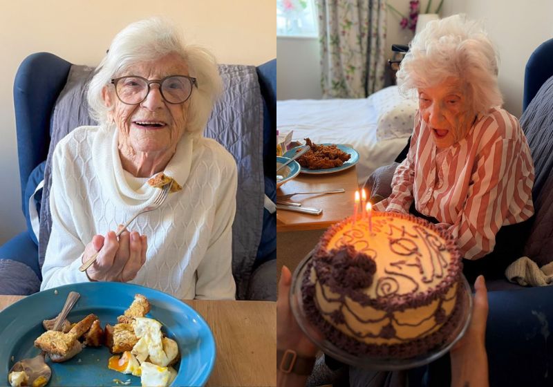 A idosa Dorothy Creighton comemorou 107 anos cercada pela família, na Inglaterra, e revelou que desde pequena não abre mão do café da manhã com bacon e ovos. - Fotos: Care UK / SWNS