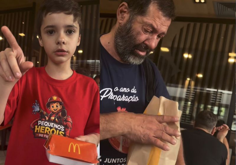 O menino Lucca Bernardo decidiu dar o lanche dele a um desconhecido, no McDonald's, sem ninguém pedir. A reação do homem comoveu a mãe do garoto, e o vídeo já ultrapassou 815 mil visualizações no Instagram. - Fotos: reprodução/ Instagram/ @camilazaninioficial_