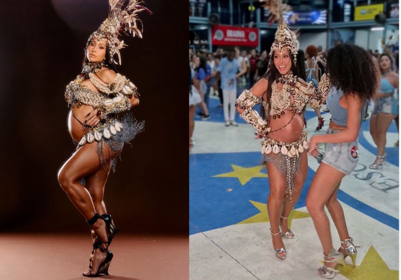 Grávida de 8 meses, Sabrina Sato mostrou o barrigão durante o ensaio de Carnaval 2027, sambou, acariciou a barriga e mandou beijos para o público. - Fotos: reprodução/ Instagram/ @sabrinasato @cn1brasil