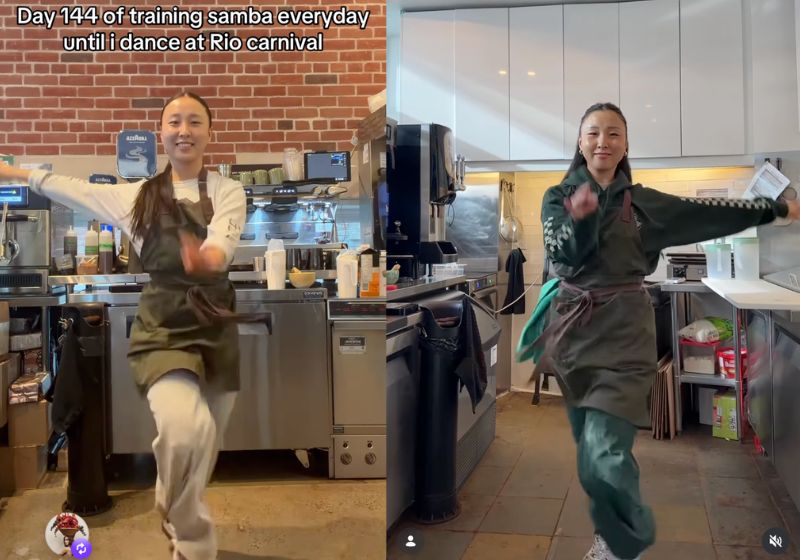 A gringa Subin, de Toronto, no Canadá, treina samba todo dia para o Carnaval do Rio. Ela dança até na cozinha e já seguida por Sabrina Sato. - Fotos: reprodução/ Instagram/ @sooberoo_