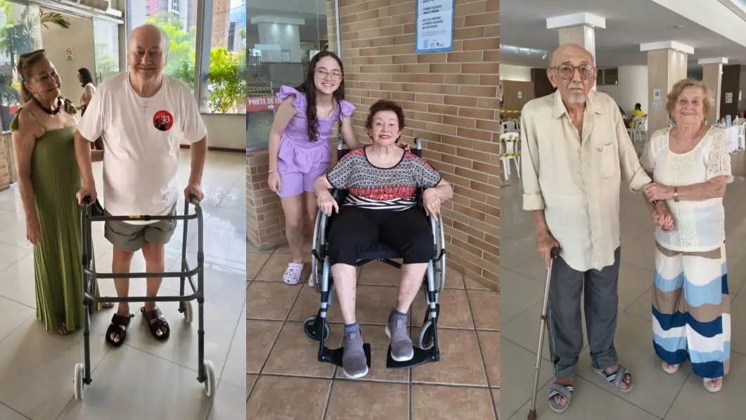 No show da democracia os idoso Maria da Glória de Freitas e João César de Freitas Pinheiro, 77 (esq), Mirian Costa Lima, 76, com a neta (centro) e o casal José Evandro Camurça, 95, e Neide Rocha Camurça, 93 (dir). - Foto: Paloma Vargas/ Diário do Nordeste