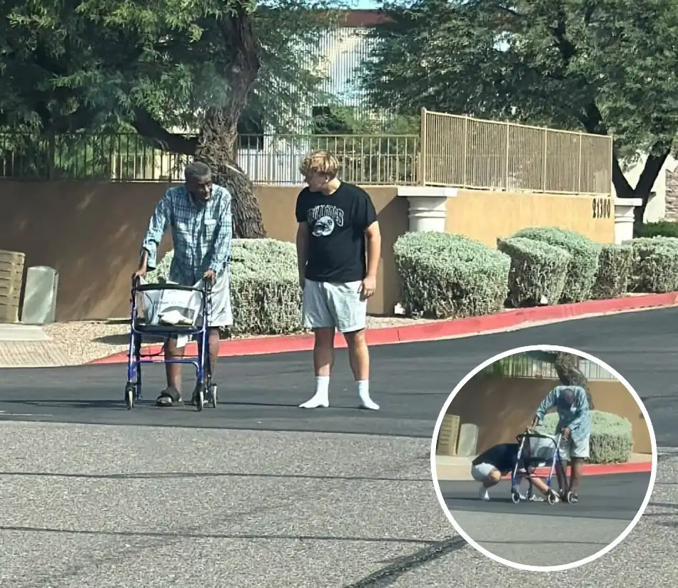 O adolescente doa os chinelos ao idoso e fica só me meias na rua. - Fotos: reprodução / Yareli Madrid / Facebook